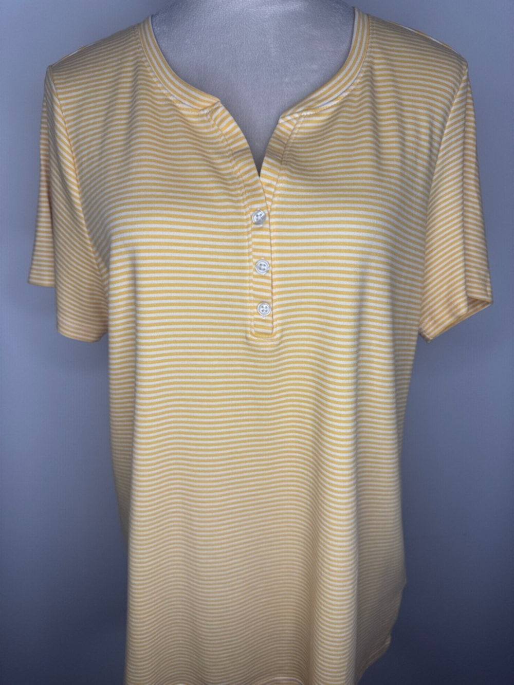 Style & Co. Yellow & White Striped Short Sleeve Henley Tee - Picture 1 of 6
